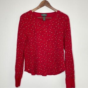 Vintage Lauren Ralph Lauren Waffle Knit Henley Top Red Floral Cottagecore 90s M